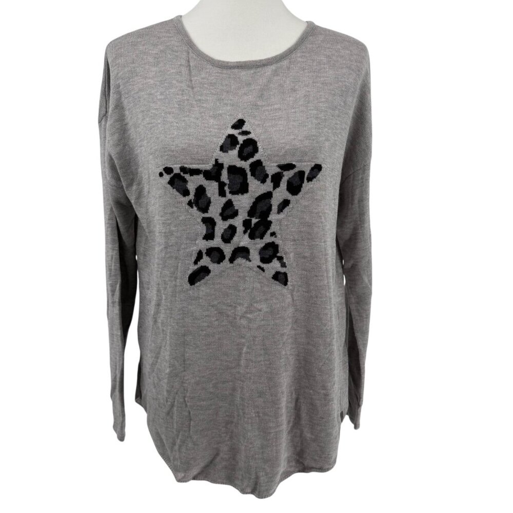 Magaschoni Womens Gray Leopard Star Print Sweater M